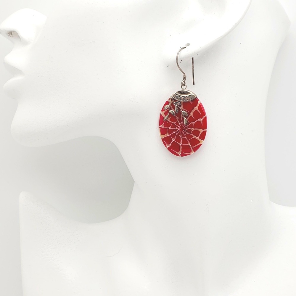 Faux Shell Dangle Earrings Red White Sterling Silver Leaf Vine Spiderweb Summer